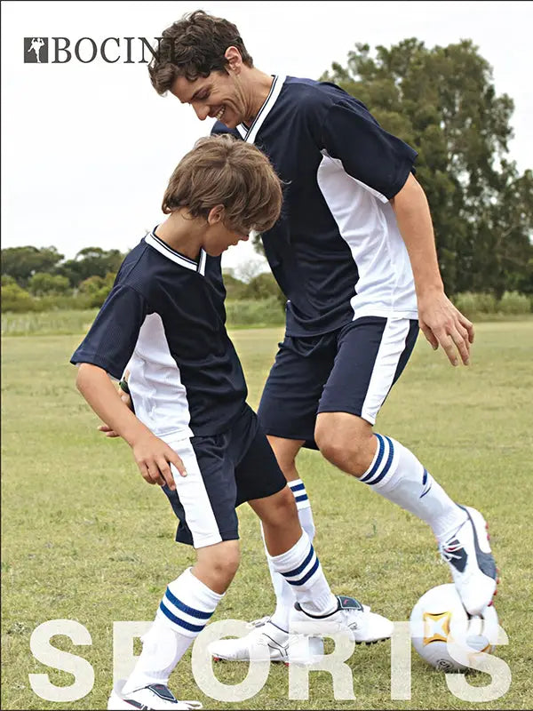 Two people in matching Bocini styles promotional clothing soccer uniforms