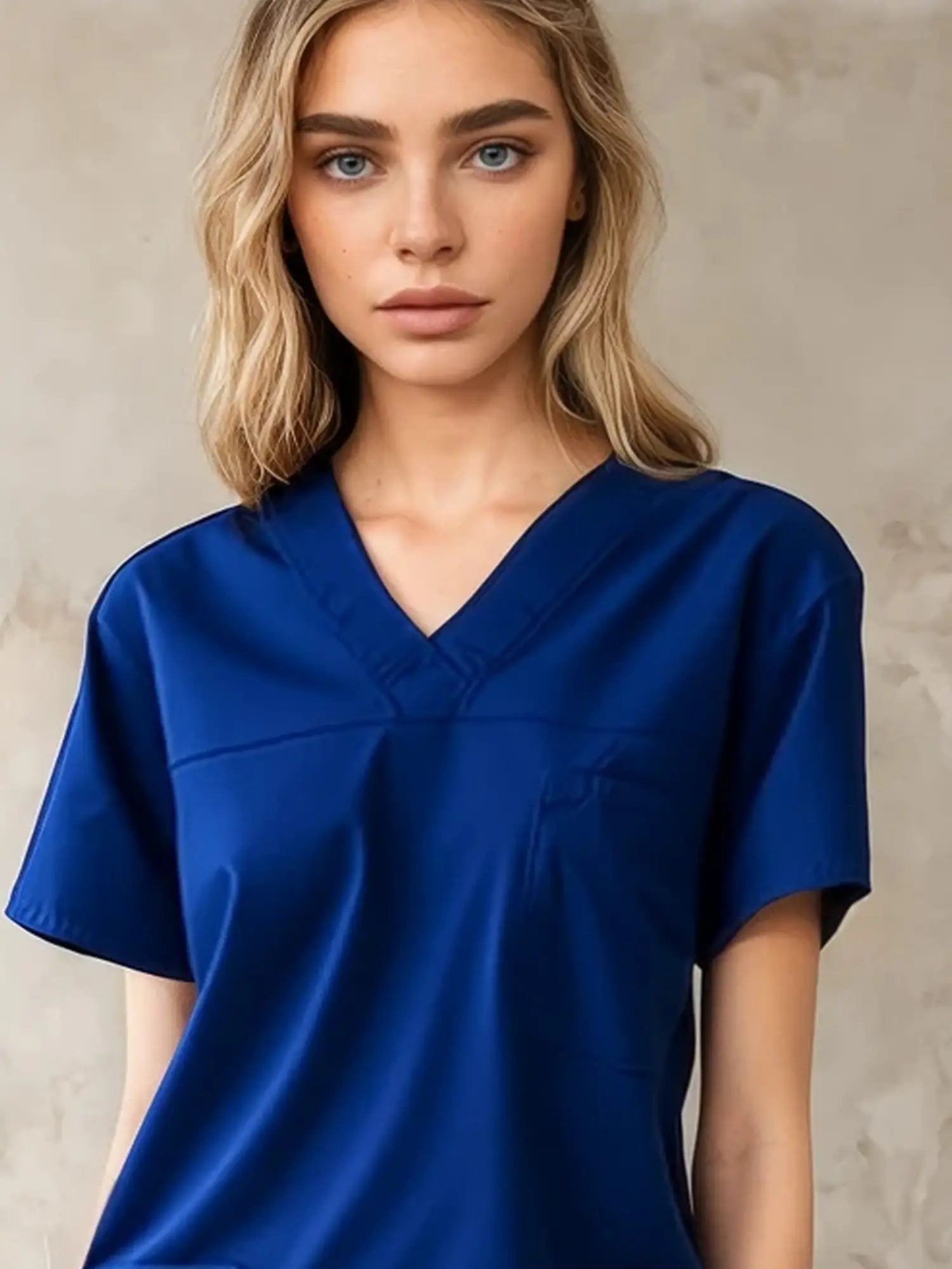 Royal blue medi8 health surgical scrub top with V-neck and short sleeves for hospital clothing