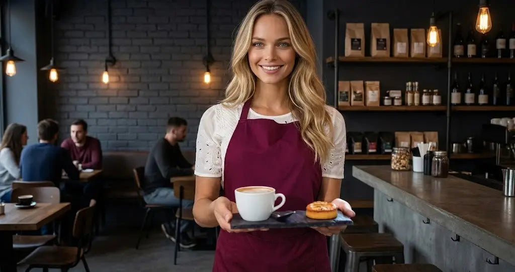 Barista in maroon uniform apron holds coffee cup and pastry, great uniforms turn staff