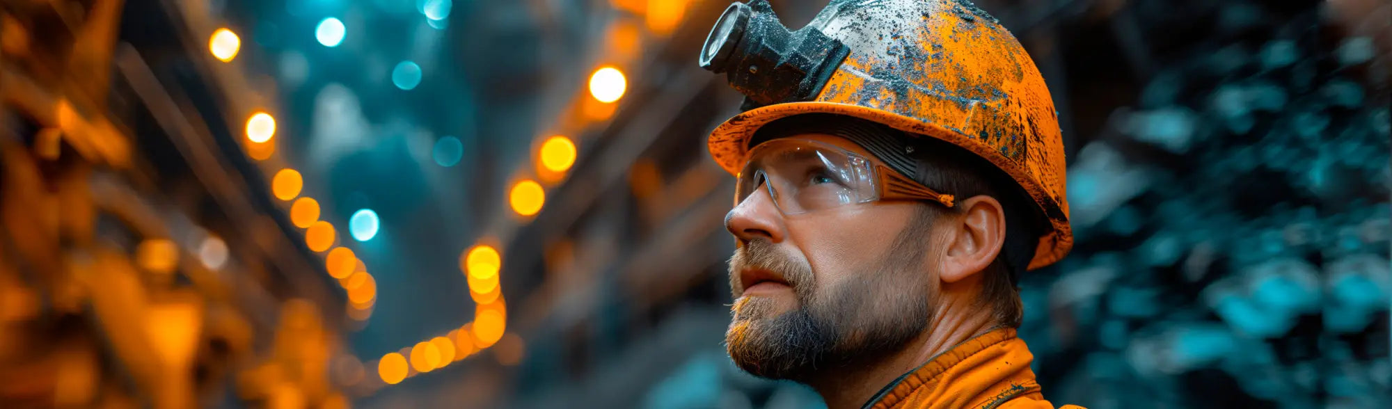Miner wearing broad brim hard hat with headlamp from PPE BroadBrim Hard Hats collection