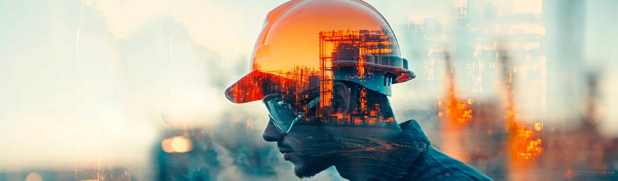 Construction worker with industrial scene, wearing PPE eye accessories and workwear