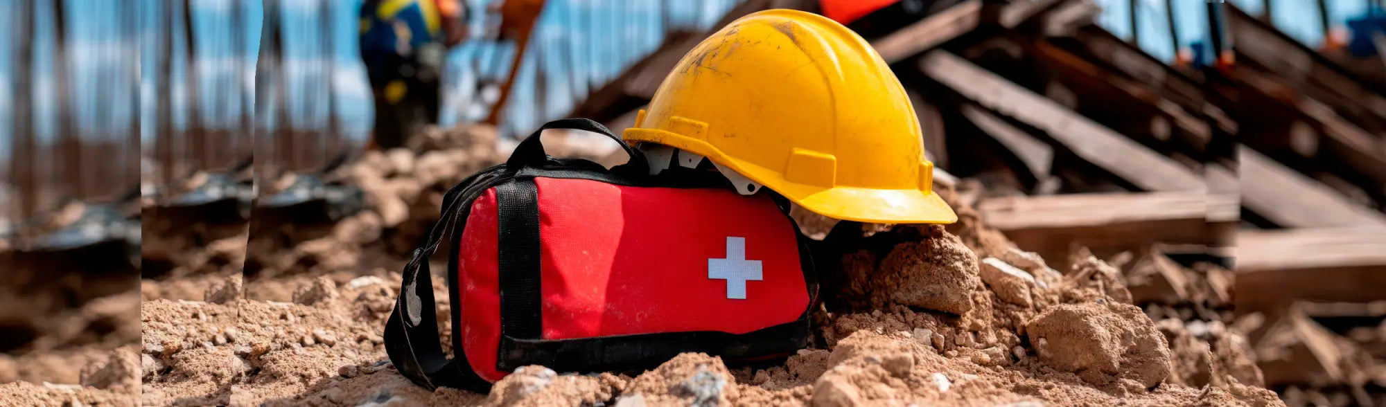 Yellow hardhat on red first aid kit in PPE Sanitiser Dispensers & Stands for workplace hygiene
