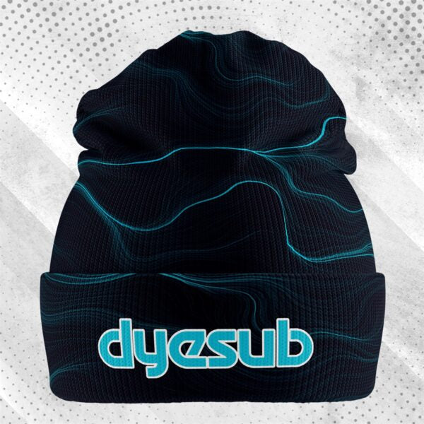 Black knit sublimated beanie with teal glowing wave patterns and matching dyesub logo perfect for work uniforms