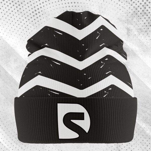 Black knit sublimated beanie with bold white chevron stripes and stylized s logo ideal for workwear uniforms