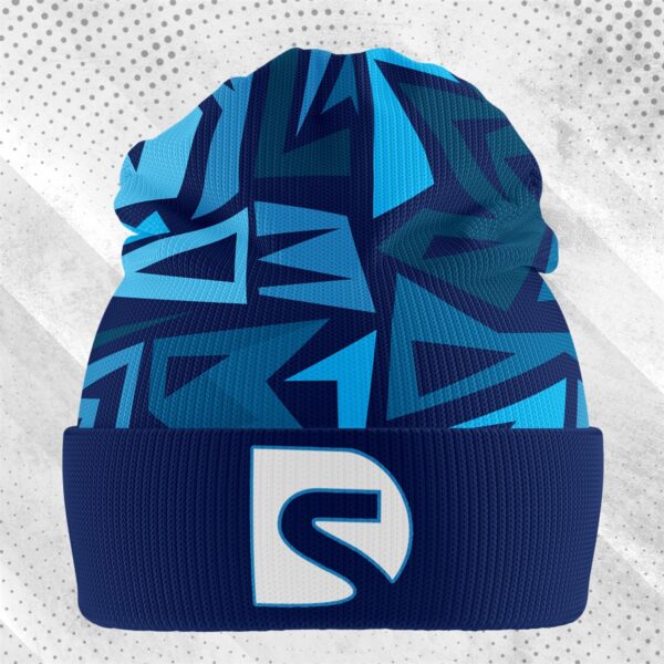 Sublimated beanie knitted with blue geometric pattern and dark blue cuff, perfect for workwear and uniforms