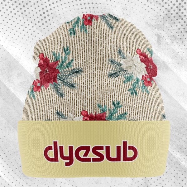 Beige corduroy sublimated beanie with red white floral embroidery and pale yellow ribbed brim for work uniforms
