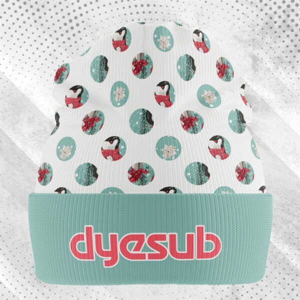 Sublimated beanie with white knit body and mint green cuff featuring dyesub logo perfect for work uniforms and uniforms
