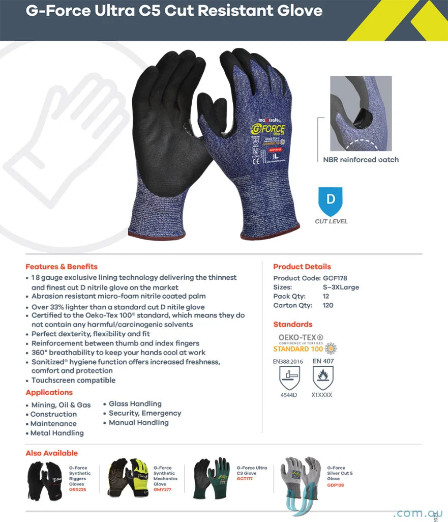 12pk G-Force Ultra C5 Cut Resistant Work Glove for safe handling