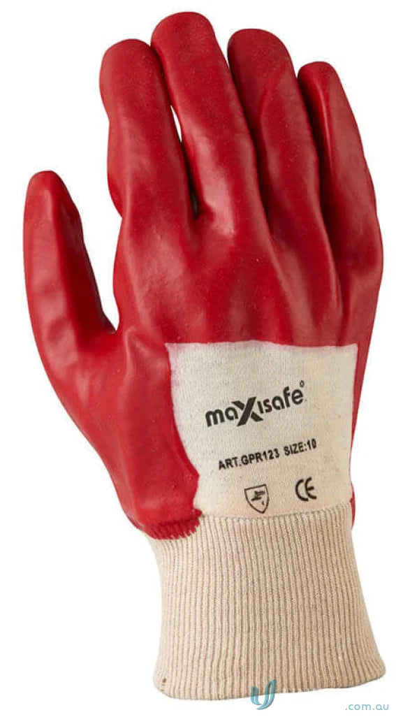 Red work glove with white cuff, single dipped PVC knit wrist for uniforms