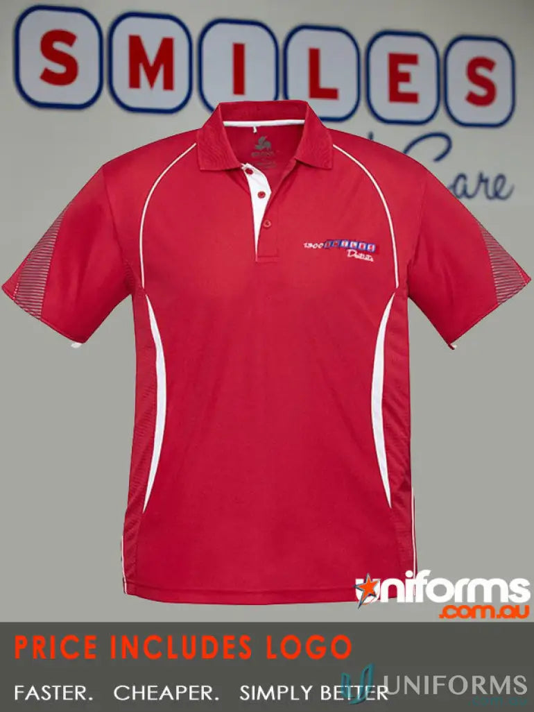 Red short-sleeved polo shirt with white accents made from polyester sports interlock for men