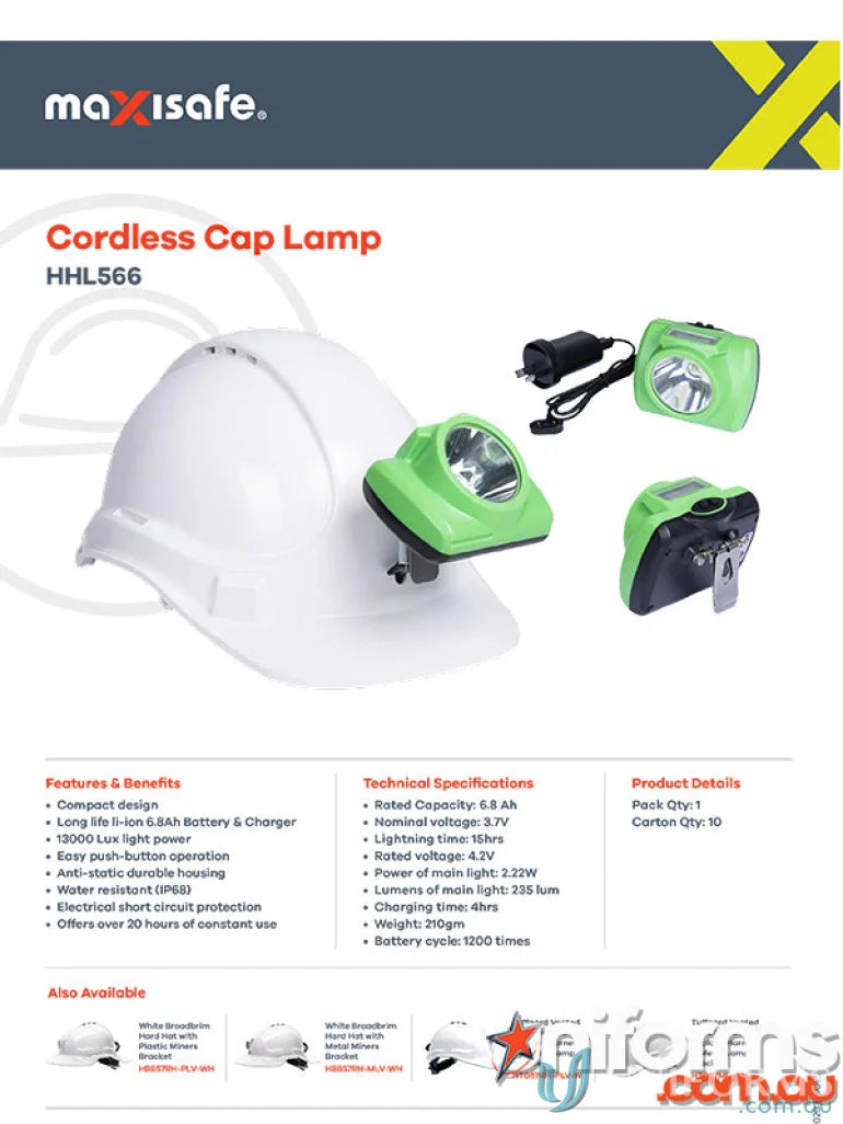 Cordless cap lamp with charger providing main light for uniforms and workwear tasks
