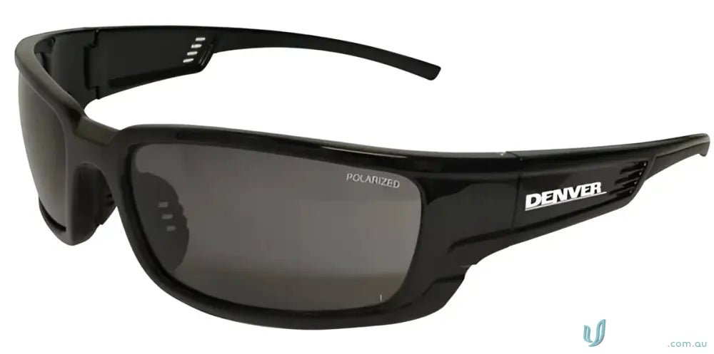 Black frame polarized sunglasses with smoke lenses for uniforms and safety gear