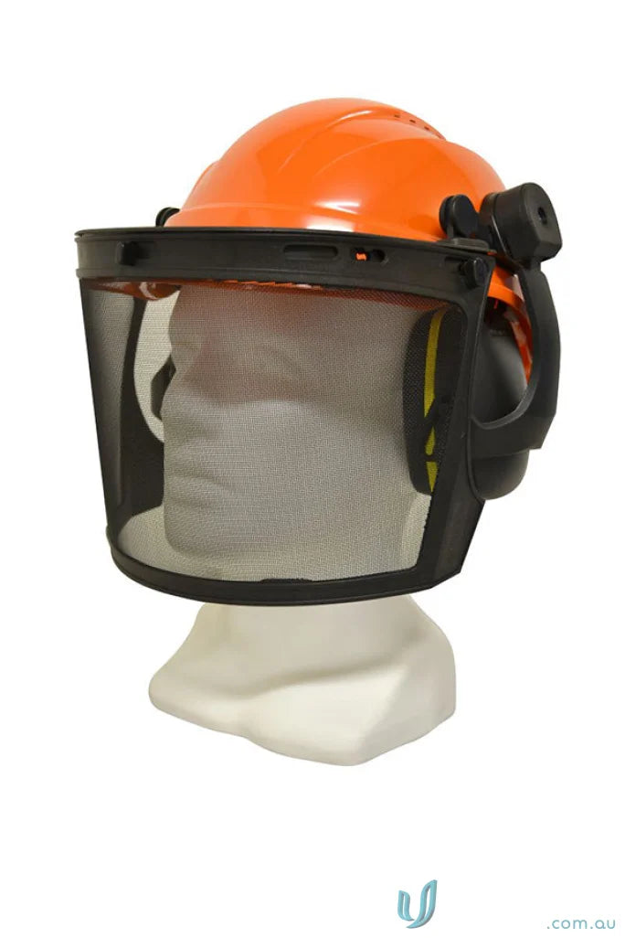 Orange forestry helmet with mesh face shield and ear protection for workwear protection