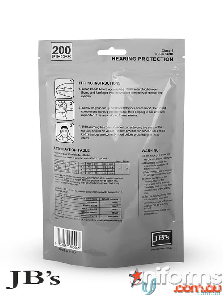 JBs 8P045 200 Pack. Bullet Shaped Ear Plugs
