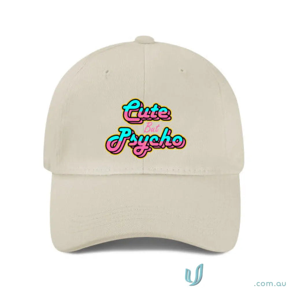 Beige heavy brushed cotton baseball cap with cute but psycho pink cyan embroidery