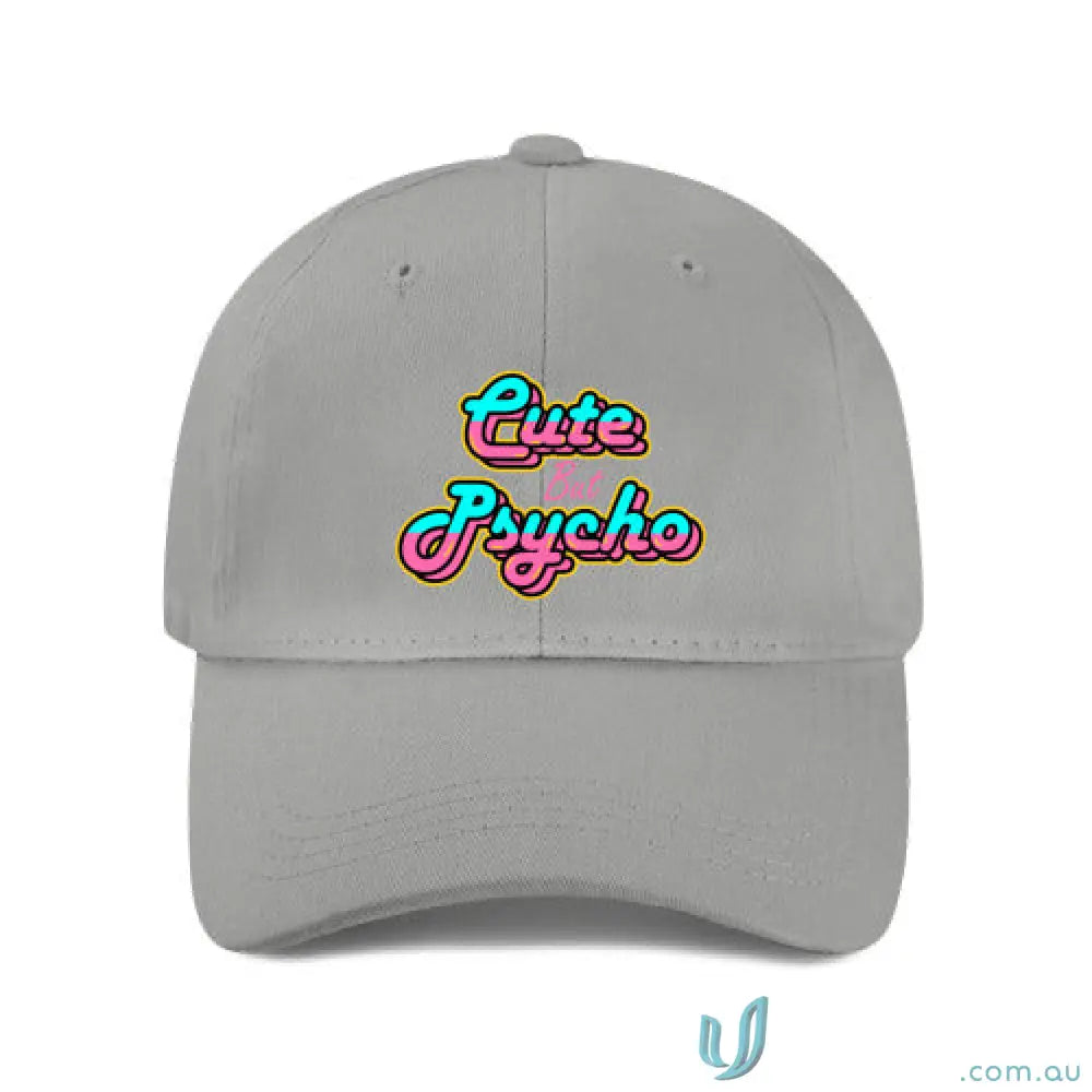 Gray cute psycho cap in neon pink blue on heavy brushed cotton, price includes embroidery