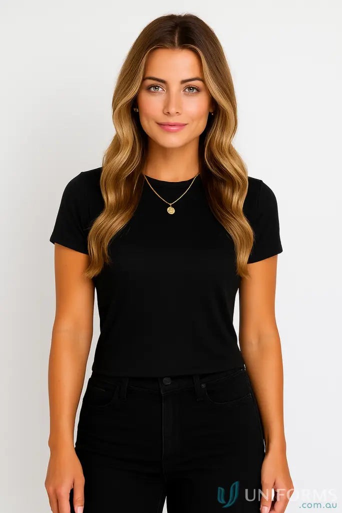Black short-sleeved fitted printed ladies tee from moq25 printed ladies collection