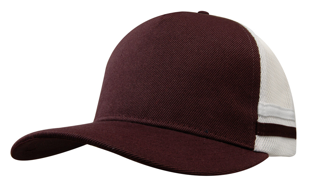 Maroon and white american premium striped trucker cap with mesh back panel ideal for workwear uniforms