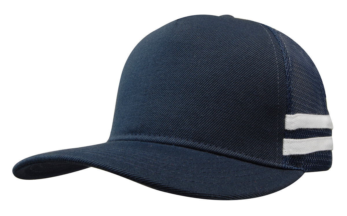 Dark navy blue american premium striped trucker cap with mesh back and white side stripes ideal for workwear uniforms