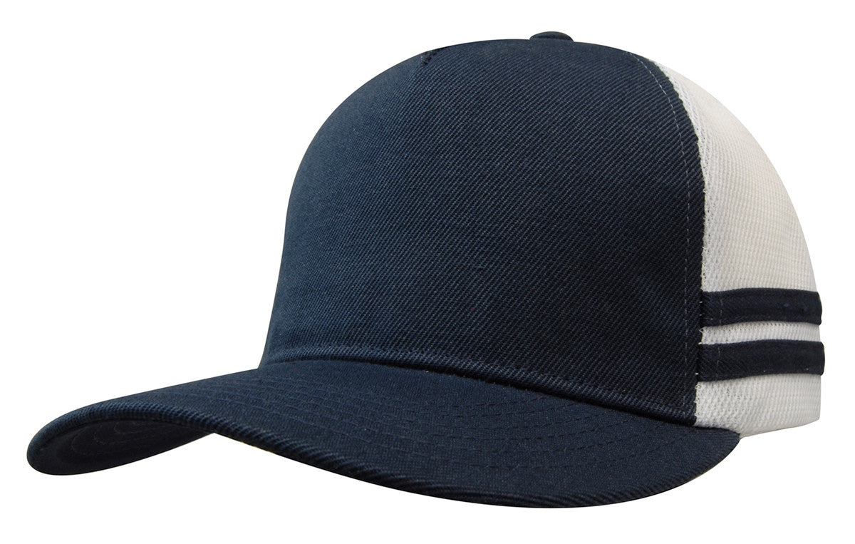 Navy blue and white american premium striped trucker cap back view with two black stripes perfect for work uniforms