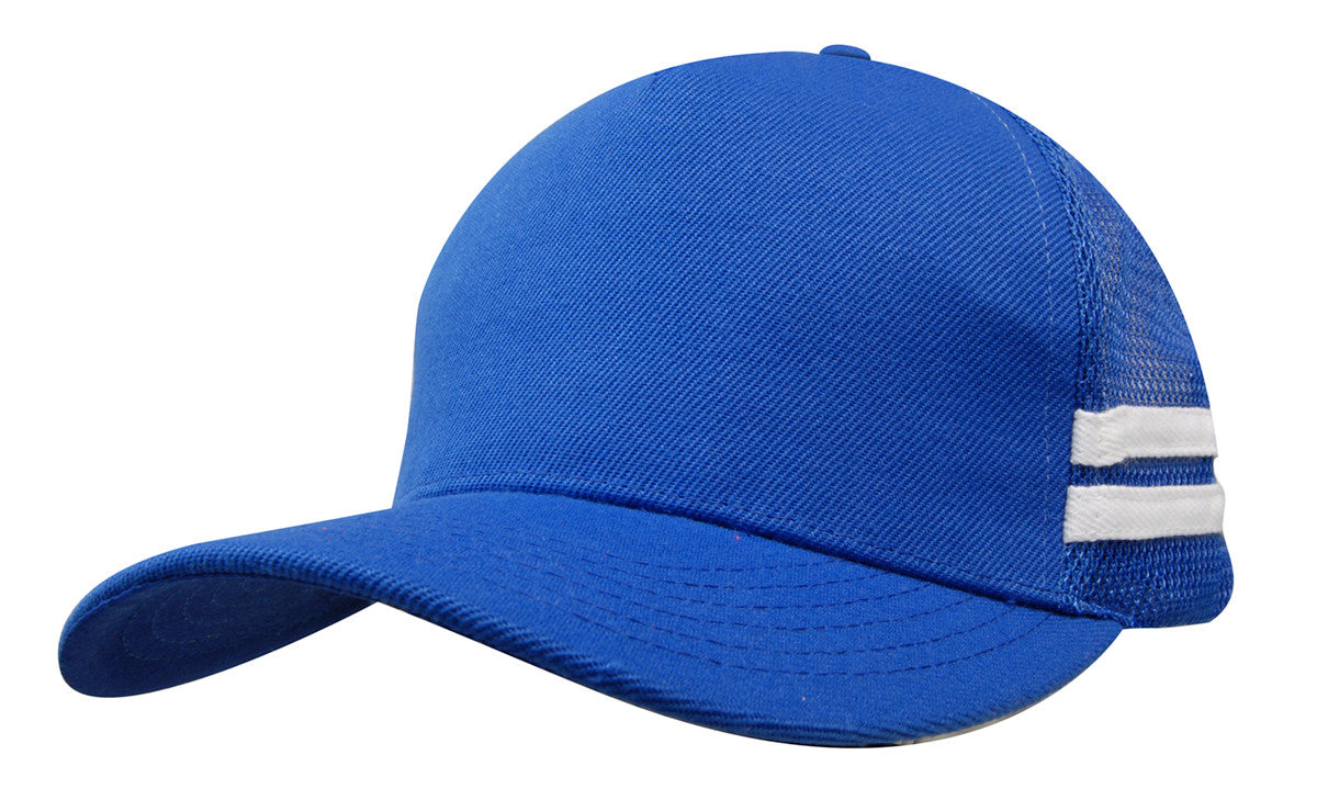 Blue american premium striped trucker cap with white side stripes perfect for uniforms and workwear use
