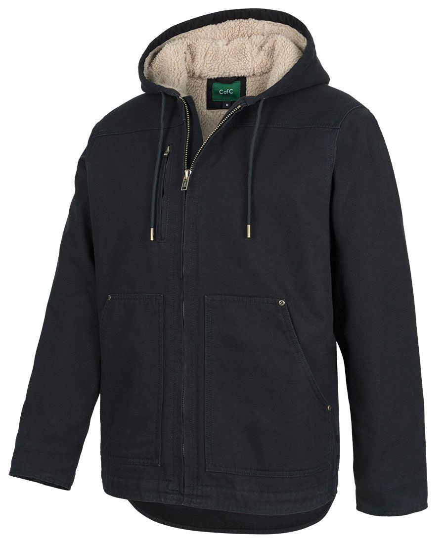 Rugged hooded barn jacket in black caffè with plush beige sherpa lining and metallic tip drawstrings for workwear uniforms