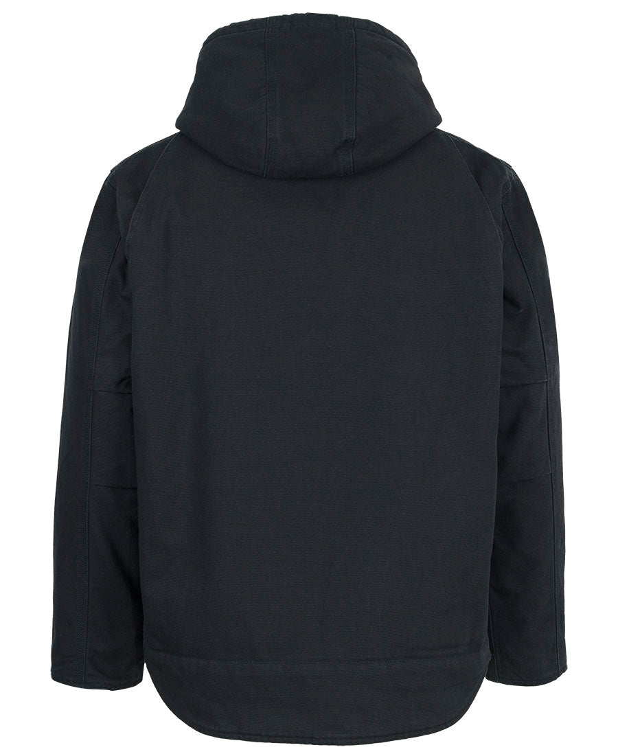 Black hooded rugged barn jacket with durable matte fabric and subtle seams perfect for workwear uniforms