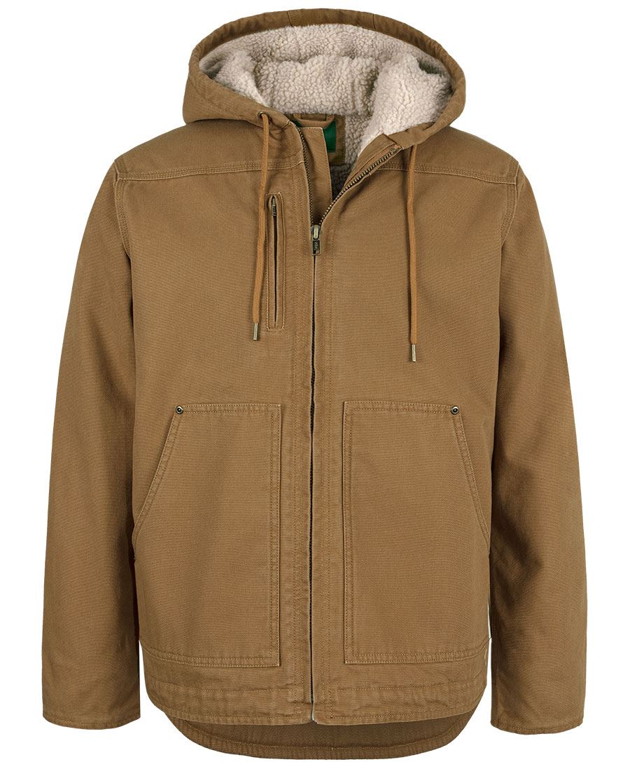 Tan rugged hooded barn jacket with plush fleece lining and front pockets perfect for workwear and uniforms