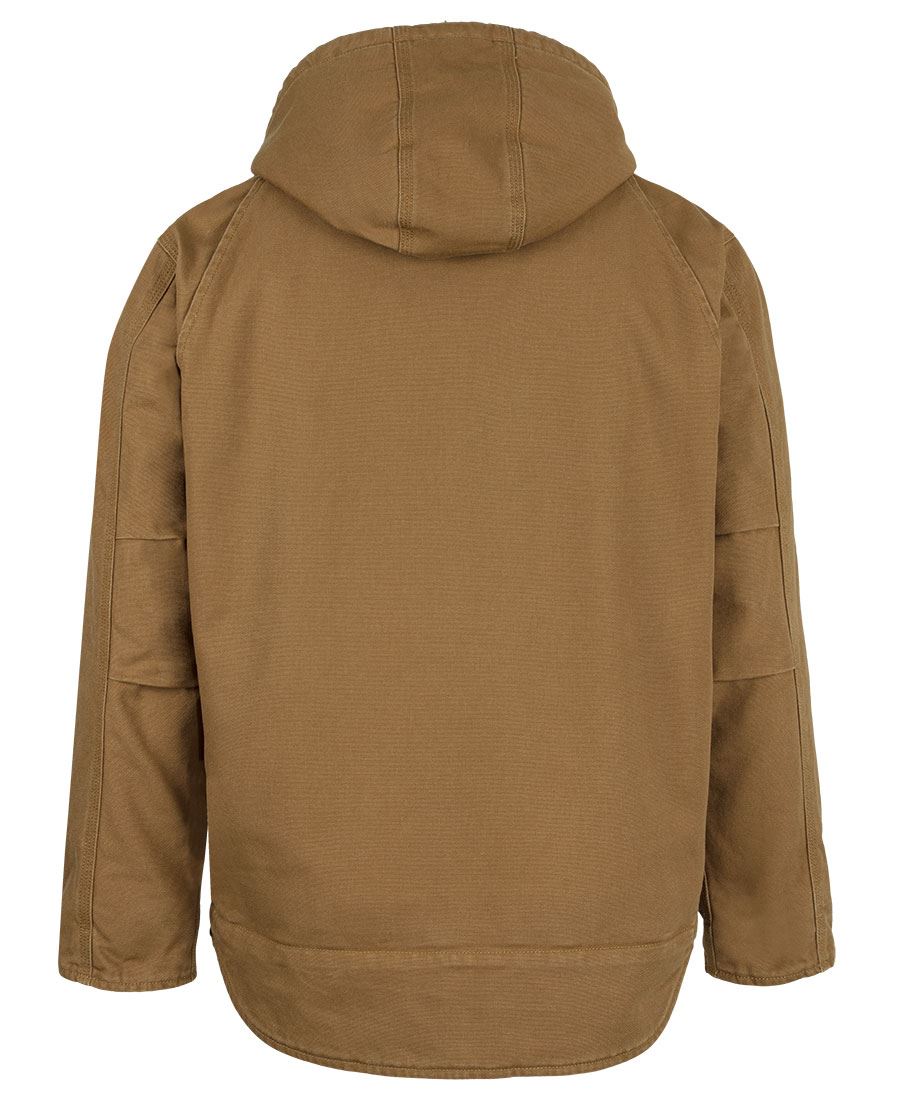 Tan rugged hooded barn jacket with reinforced seams and patch pockets perfect for tough workwear uniforms