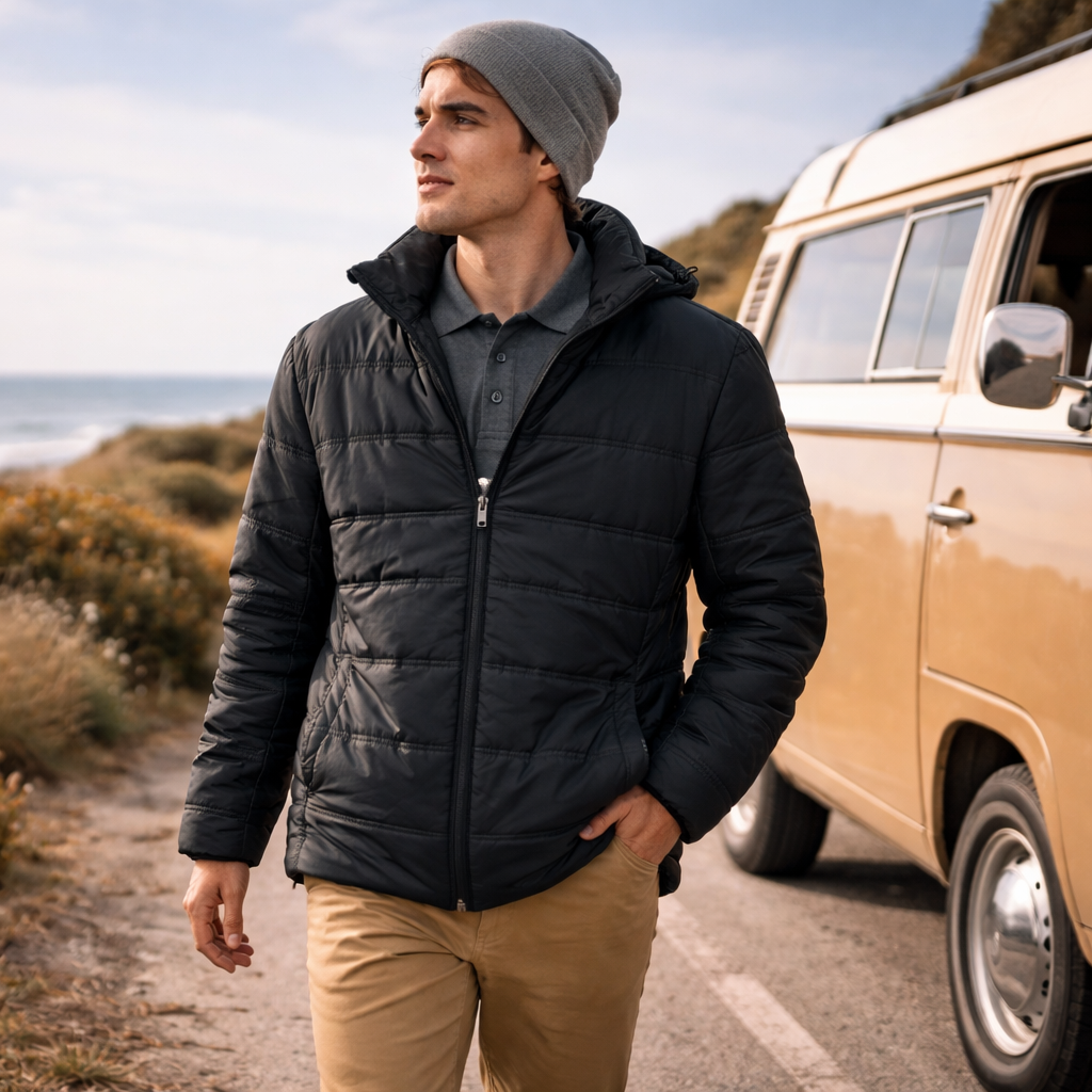 Black quilted puffer jacket with hood and zipper perfect for warm work uniforms and durable workwear use
