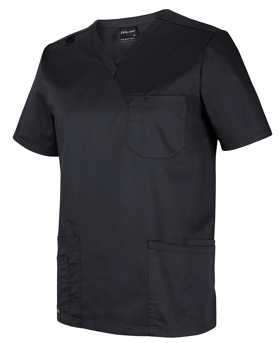 Black unisex premium scrub top with v-neck chest and lower pockets perfect for workwear and uniforms