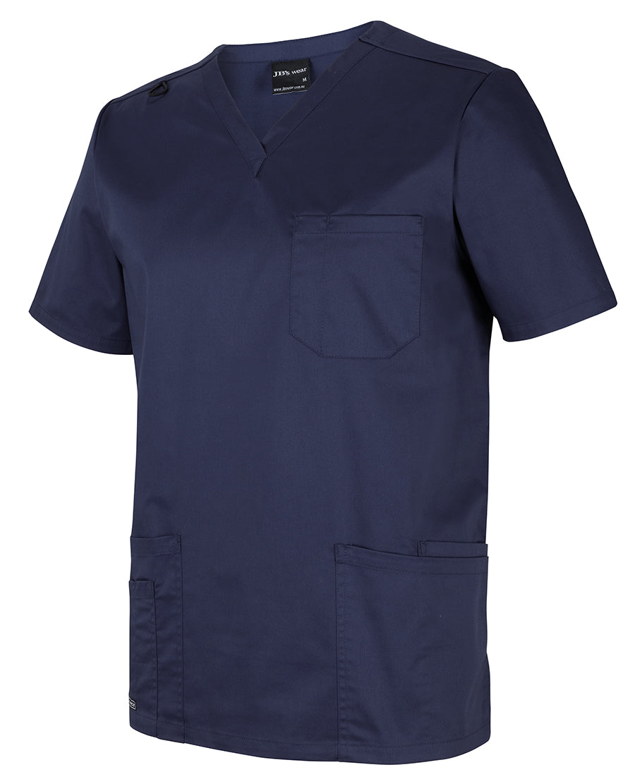 Navy blue unisex premium scrub top with v-neck, chest and lower pockets, perfect for comfortable work uniforms and workwear
