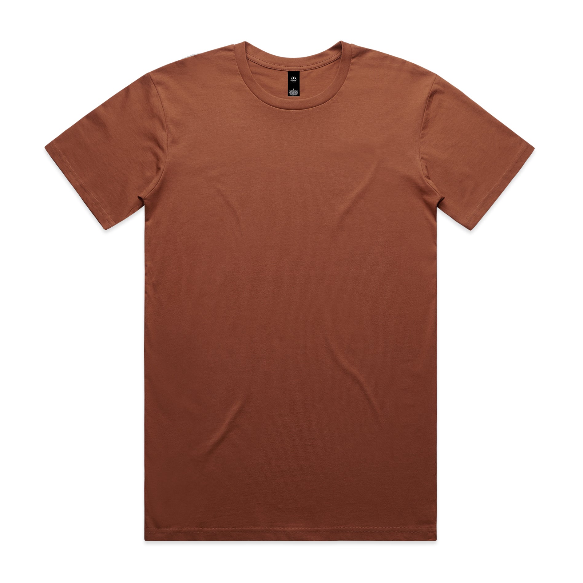 A minimalist rust-colored cotton crew neck tee perfect for workwear and casual uniforms named planett staple tee