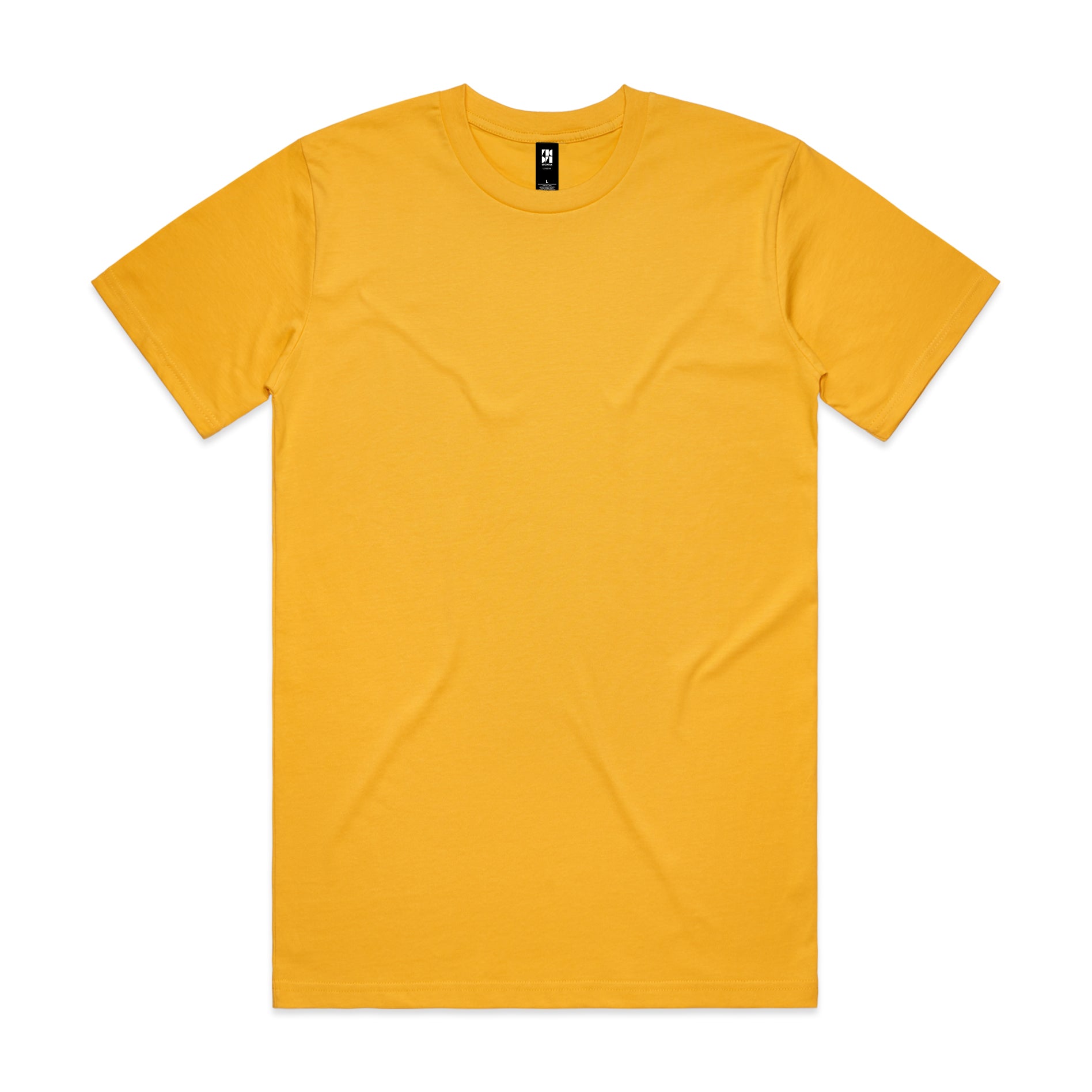 Classic heavyweight mustard yellow short-sleeved crew neck t-shirt with subtle wrinkles ideal for work uniforms and workwear