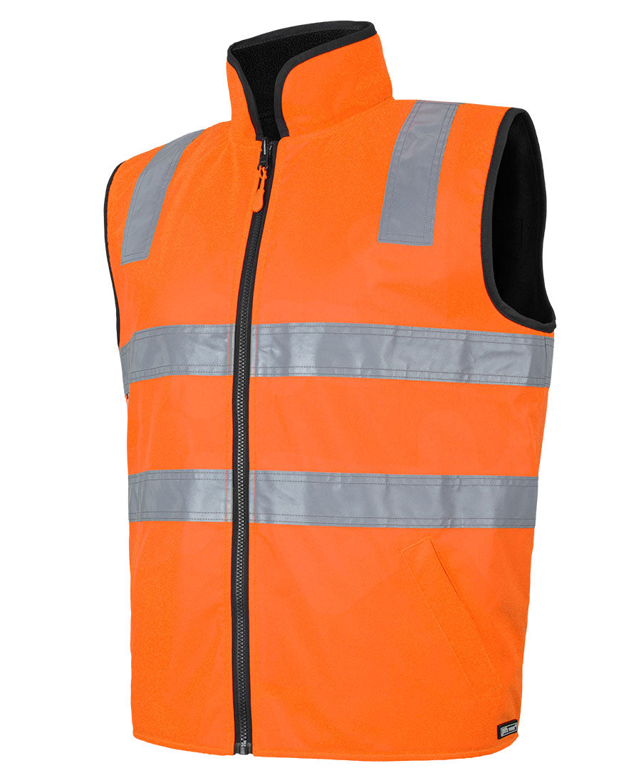 Bright orange hiVis reversible vest with reflective stripes and black zipper designed for workwear and uniforms