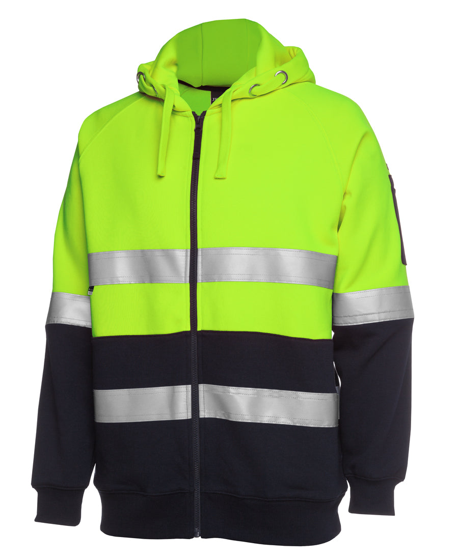 Arjo hi vis zip fleecy hoodie in neon yellow and navy blue with reflective stripes perfect for workwear uniforms