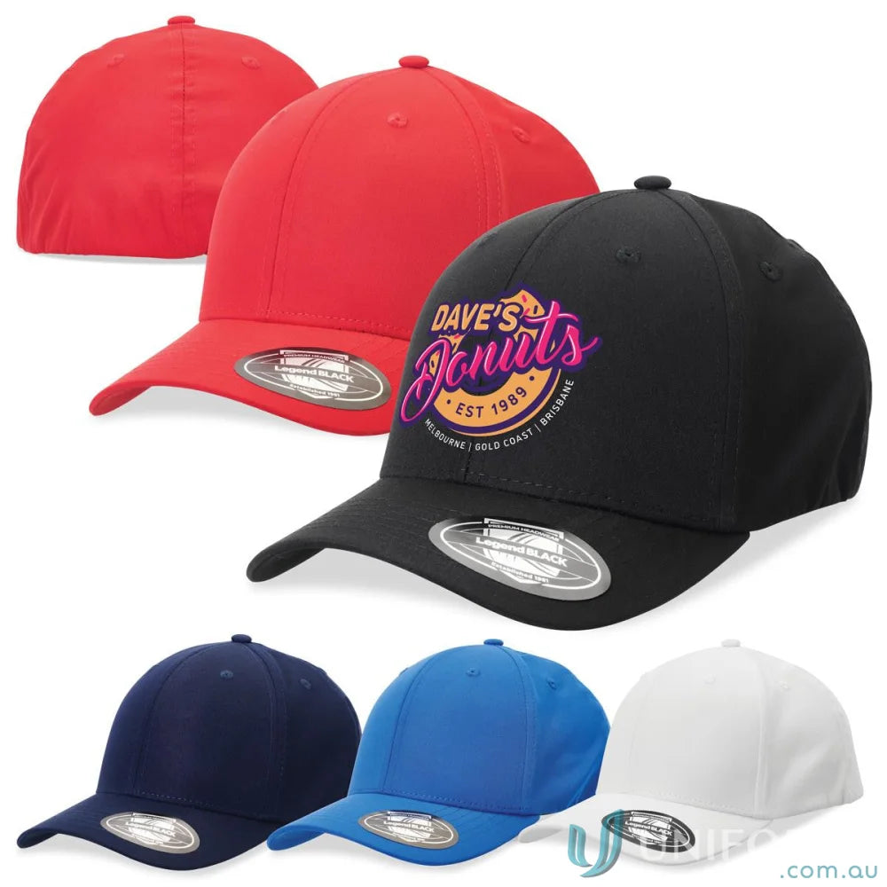 Assorted fitted baseball caps including legend black workwear and uniforms styles