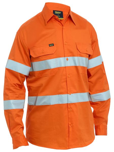 Bright orange bisley taped hi vis cool lightweight drill shirt with reflective stripes workwear uniform