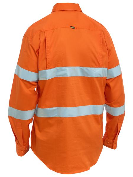Bright orange bisley taped hi vis cool lightweight drill shirt showing back with reflective stripes for workwear uniforms