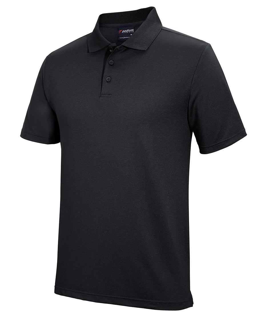 Black short-sleeved podium stretch polo with classic collar and three-button placket ideal for workwear uniforms