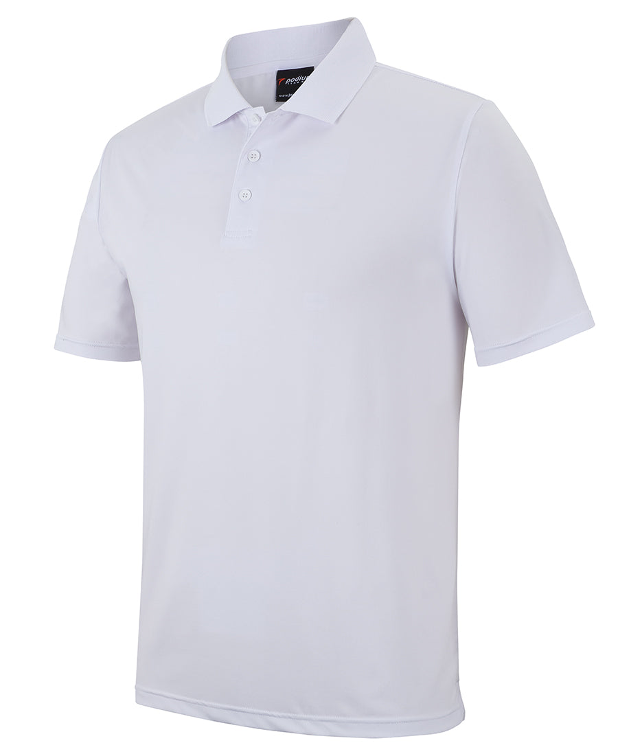 White short-sleeved podium stretch polo with classic collar and button placket ideal for workwear uniforms