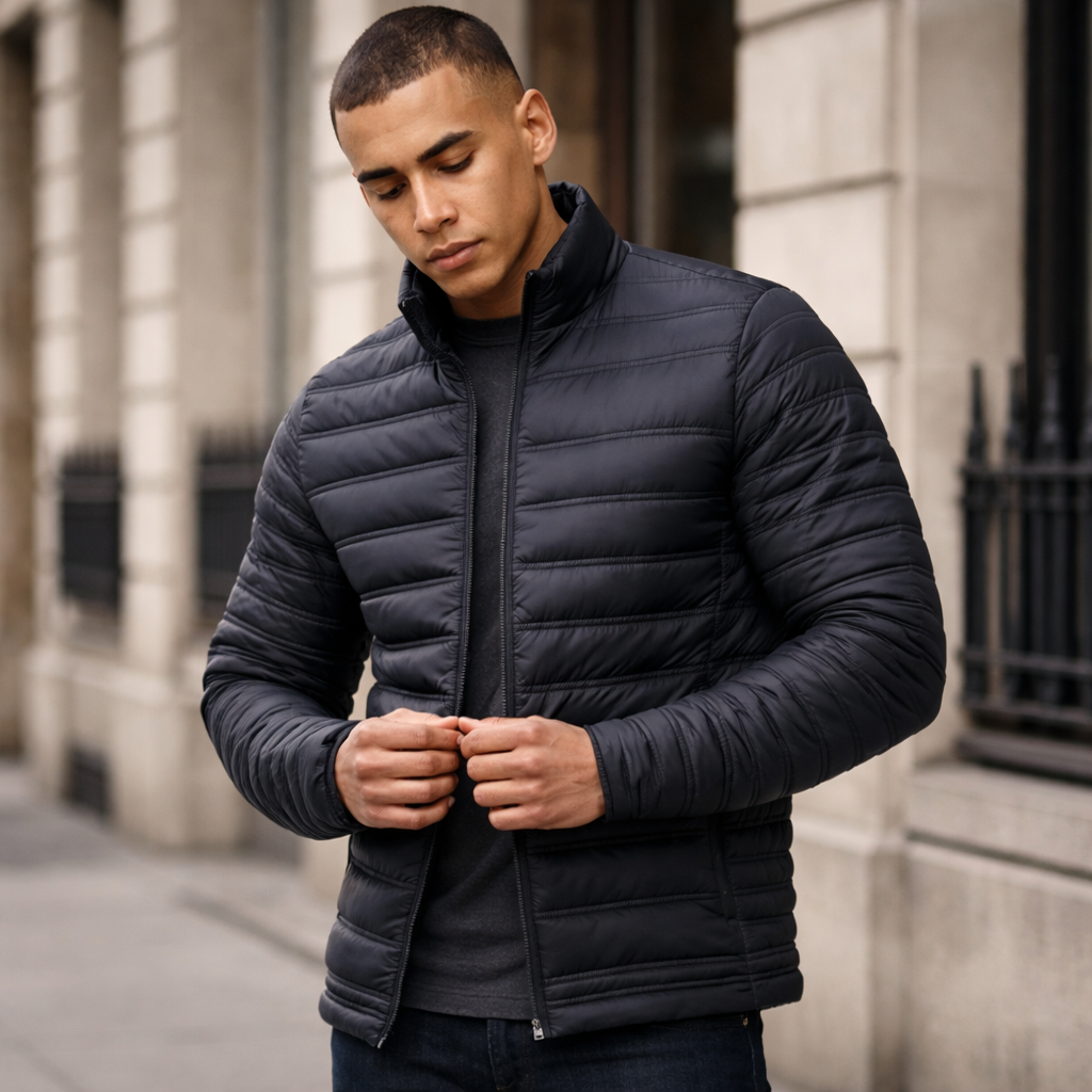 Black quilted Basecamp thermal jacket with high collar and zipper closure perfect for work uniforms and workwear