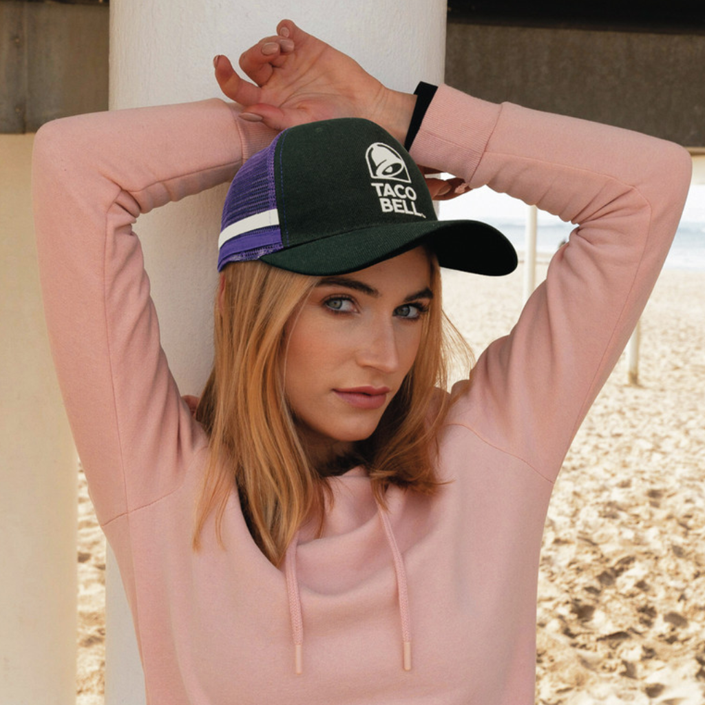 Dark green and purple american premium striped trucker cap with white accents and taco bell logo perfect for work uniforms