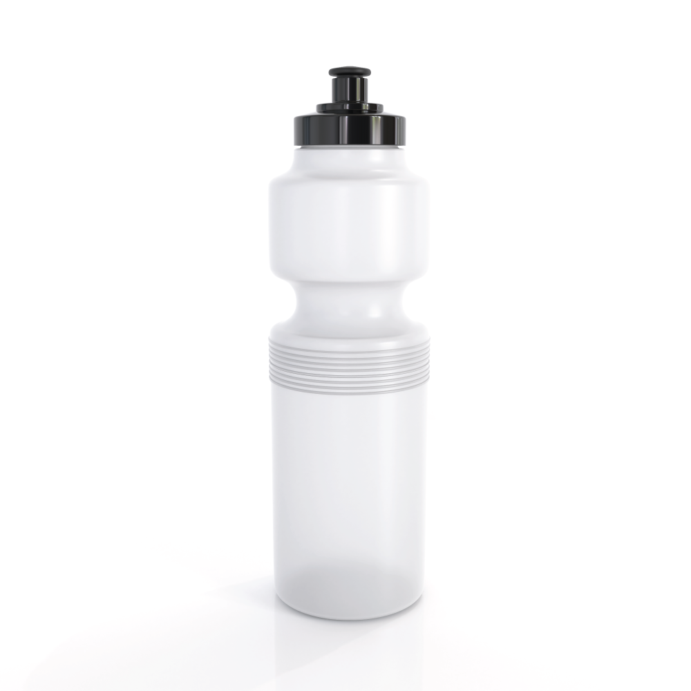 White plastic austmade sports bottle 750ml with black screw-on cap and ribbed grip for work uniforms and workwear