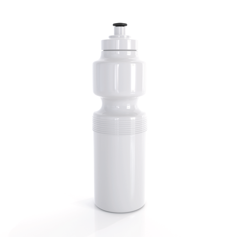 White plastic austmade sports bottle 750ml with black cap and grip band ideal for workwear and work uniforms