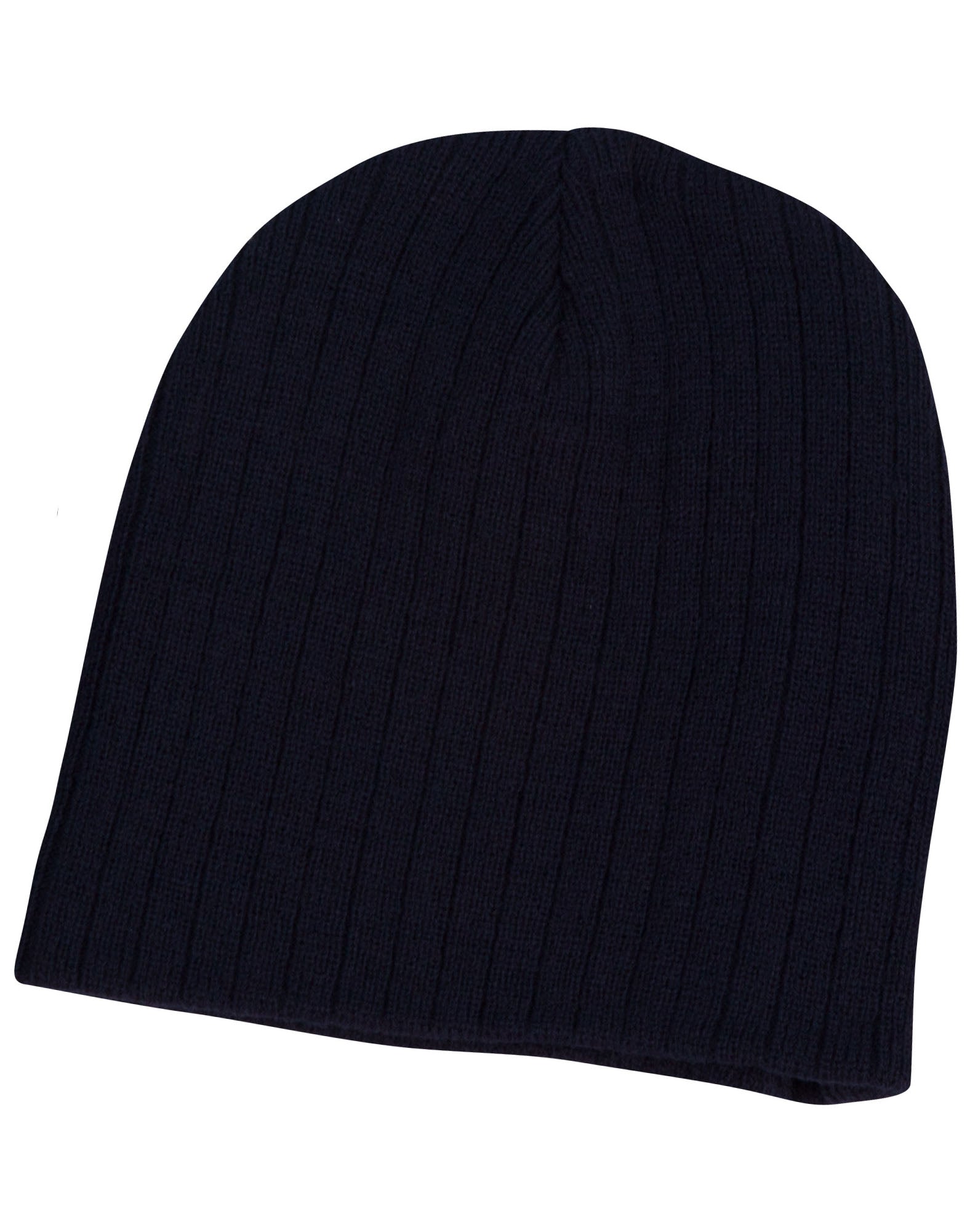 Navy blue ribbed knit arjo EMB S26 beanie with a snug seamless fit ideal for uniforms and workwear use