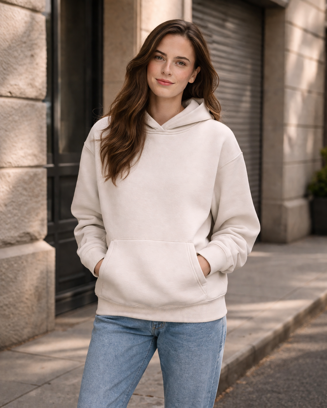 Premium oversized hoodie in soft off-white with relaxed fit and front pockets perfect for workwear or uniforms