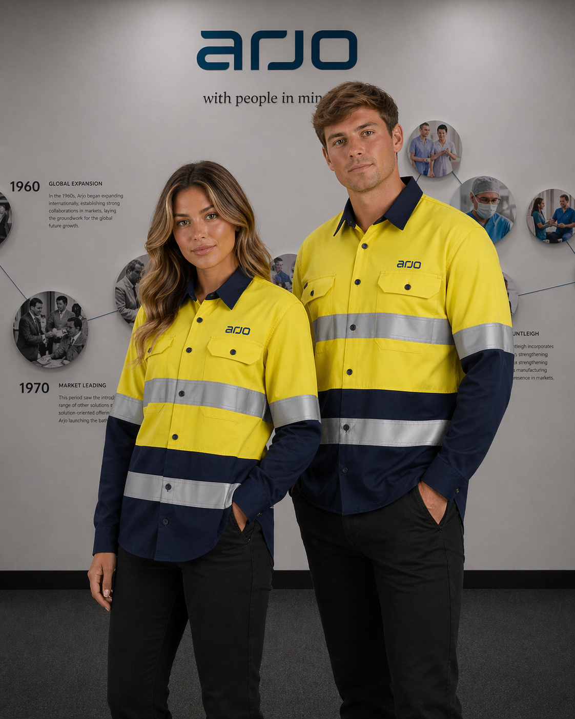 Yellow and navy blue arjo hi vis ls shirt with reflective stripes perfect for durable workwear and work uniforms