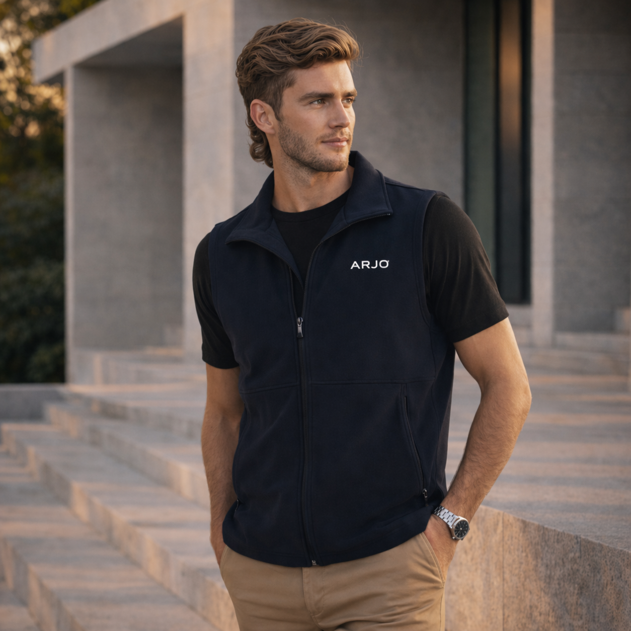 Navy blue arjo mens softshell fleece vest with white embroidered logo perfect for workwear uniforms and work uniforms