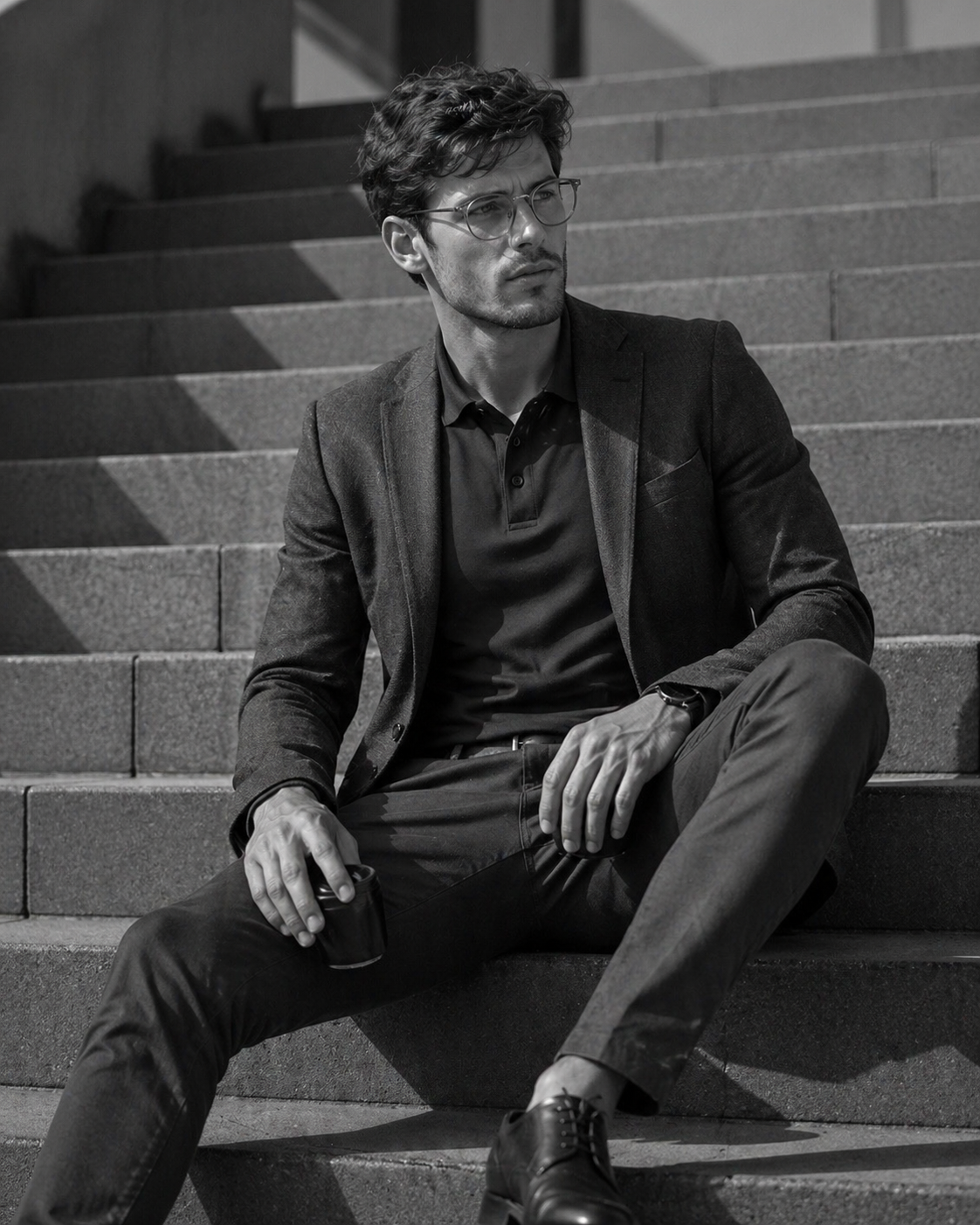 Man wearing dark glasses and a tailored blazer over a navy podium stretch polo perfect for work uniforms and workwear